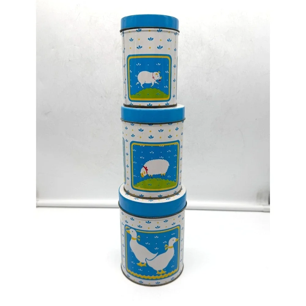 W.A. Vintage 1984 Country Farm Animals Nesting Tin Canister Set Blue 3 Piece